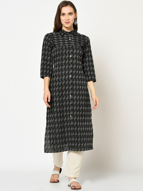 

Yufta Women Black & Grey Printed A-Line Kurta