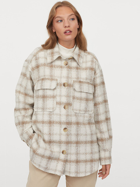 

H&M Women Beige & White Checked Shacket