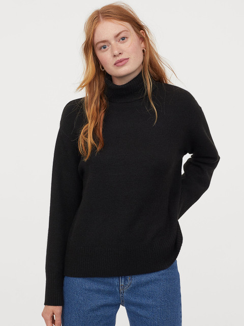 

H&M Women Black Knitted Polo-Neck Jumper