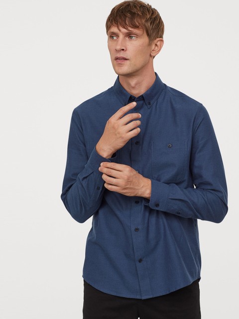 

H&M Men Navy Blue Solid Cotton Shirt Regular Fit