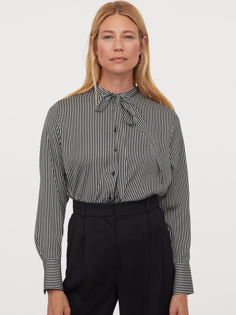 H&M Women Black Tie-Collar Blouse