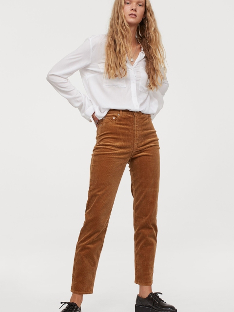 

H&M Women Khaki Brown Solid Corduroy Trousers