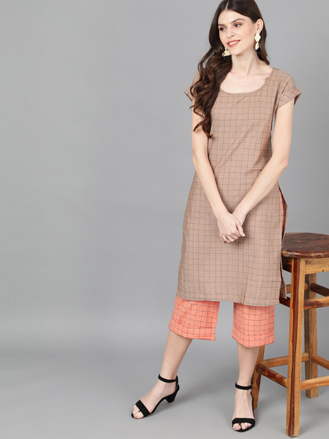 

AKS Women Brown & Peach-Coloured Embroidered Kurta with Trousers