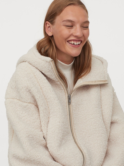 

H&M Women Beige Solid Hooded faux Shearling Jacket