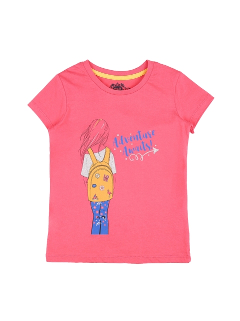 

CHALK by Pantaloons Girls Pink Yellow Printed Round Neck Pure Cotton T-shirt