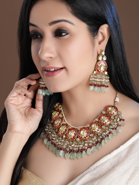 

rubans LUXURY 22 K Gold-Plated Red & Green Stone-Studded Beaded Enamelled Handcrafted Jewellery Set