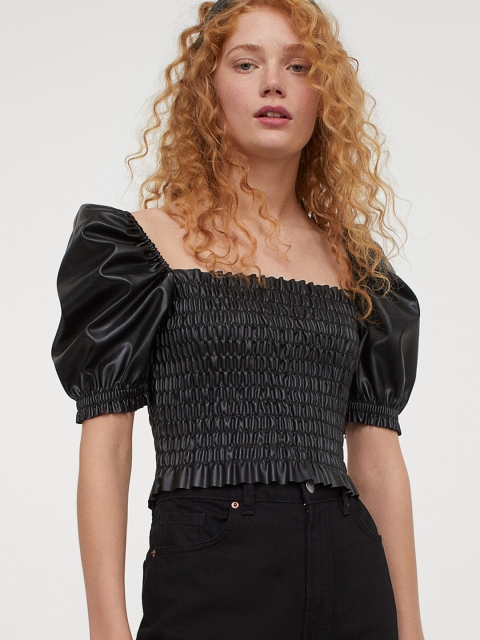 

H&M Women Black Solid Imitation Leather Blouse