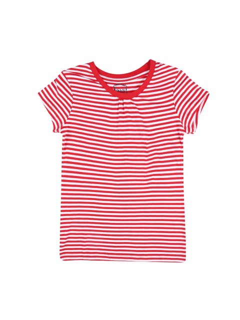 

CHALK by Pantaloons Girls Red Striped Henley Neck Pure Cotton T-shirt