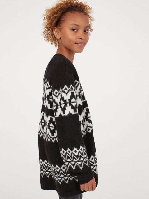 

H&M Girls Black & White Jacquard-Knit Cardigan