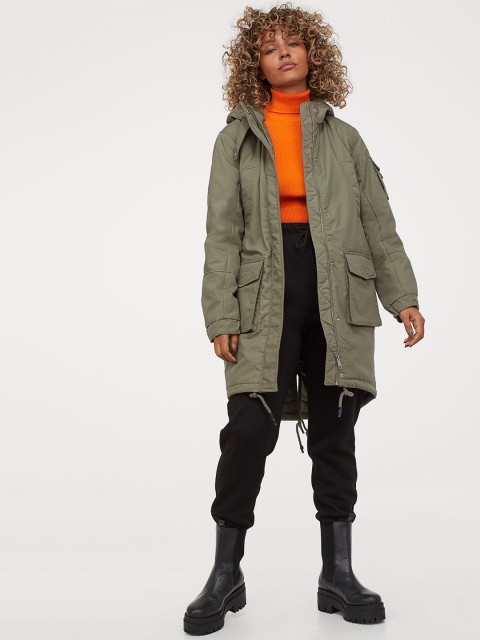 

H&M Women Olive Green Solid Solid Parka