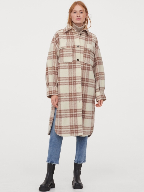 

H&M Women White & Pink Checked Long Shacket