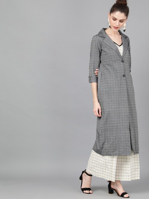 

AKS Women Grey & Black Checked Tailored Jacket
