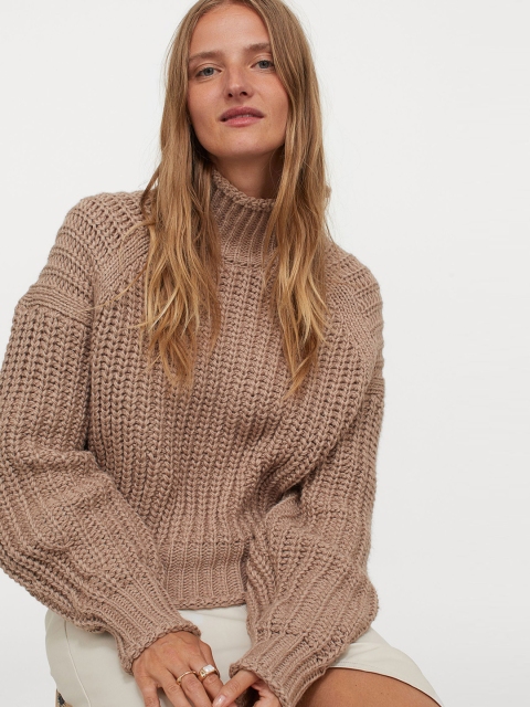 

H&M Women Beige Self Design Ribbed Polo-Neck Jumper