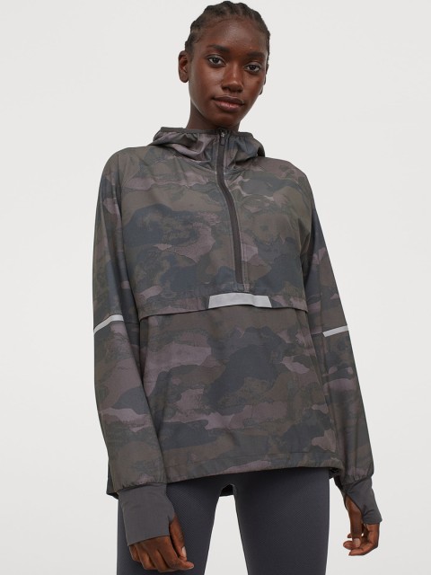 

H&M Women Grey Camouflage Printed Hooded Popover Running Jacket