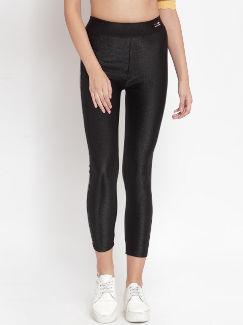 

Global Republic Women Black Solid 3/4th Leggings With Side Stripes