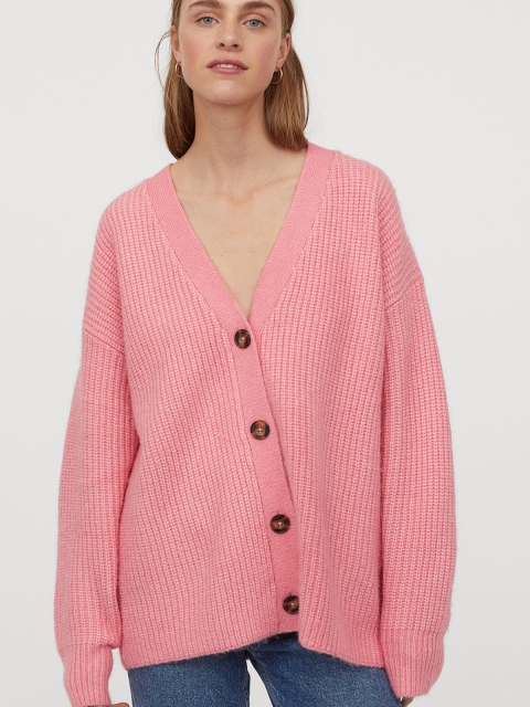 

H&M Women Pink Solid Rib-Knit Cardigan
