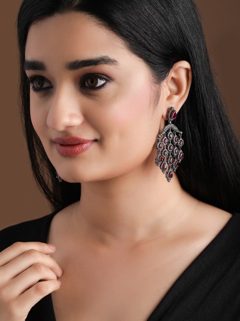 

rubans LUXURY Silver & Maroon Leaf Shaped Ruby Studded Drop Earrings