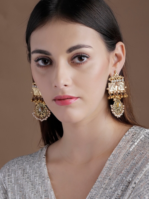 rubans LUXURY Gold-Plated & Off-White Handcrafted Peacock Shaped Drop Earrings