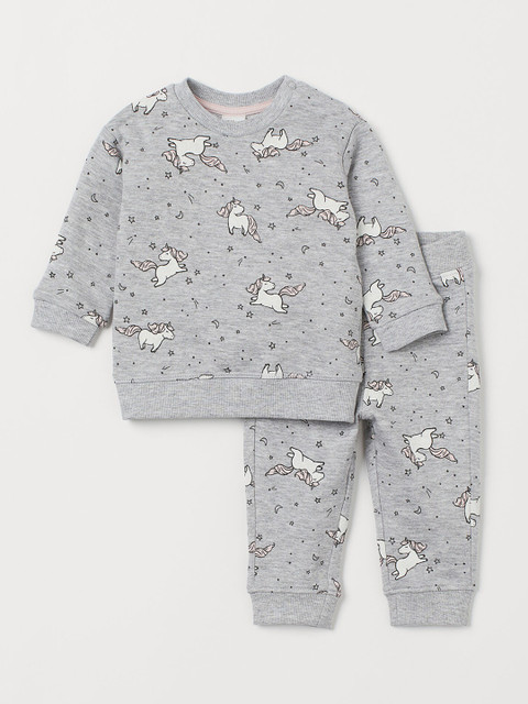 

H&M Girls Grey & White Printed 2-Piece Cotton Set