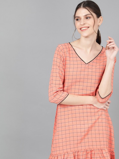 

AKS Women Peach-Coloured Checked Drop-Waist Dress