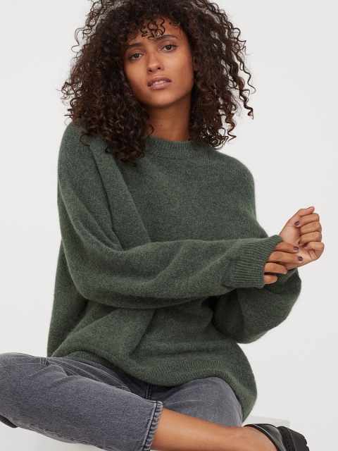 

H&M Women Green Solid Wool-Blend Jumper