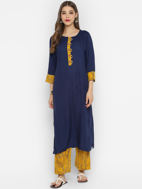 

CHRISTEENA Women Navy Blue & Yellow Solid Kurta with Palazzos