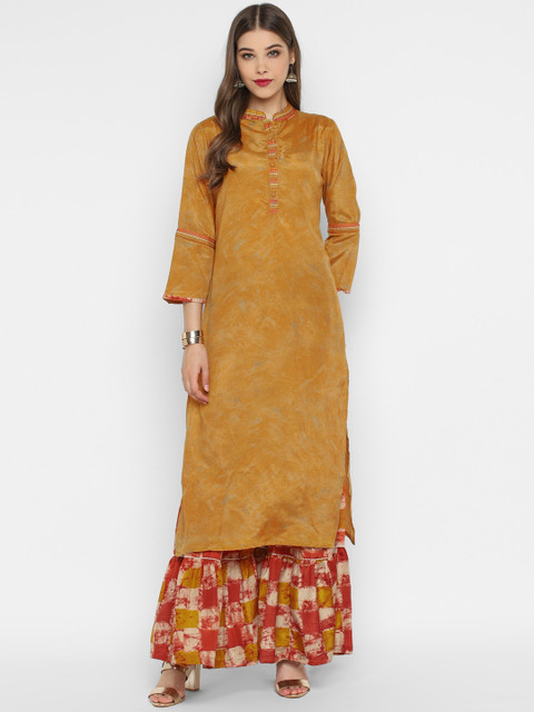 

CHRISTEENA Women Mustard Yellow & Red Solid Kurta with Sharara