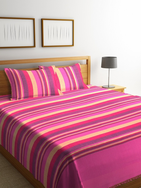 

NEUDIS By Dhrohar Pink & Purple Striped Hand Woven Double Bed Cover With 2 Pillow Covers
