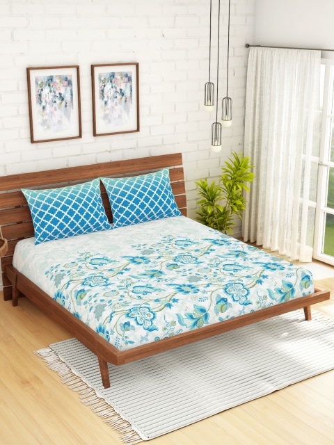 

Spaces Atrium Floral Blue 1 Queen Size Fitted Sheets With 2 Pillow Cover