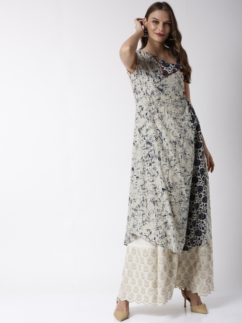 

Soch Women Navy Blue & Off-White Printed Angrakha A-Line Kurta