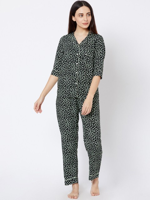 Sweet Dreams Women Green & Black Printed Night Suit FF-300601