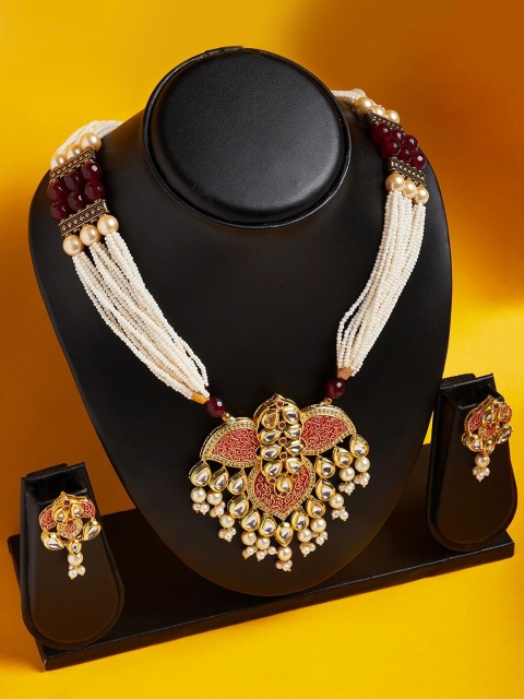 

GloBox By ZeroKaata Gold-Plated Red & White Kundan-Studded Beaded Meenakari Handcrafted Jewellery Set