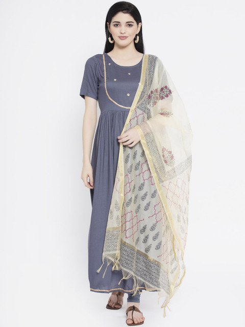 

studio rasa Women Grey & Off-White Solid Kurta with Churidar & Dupatta