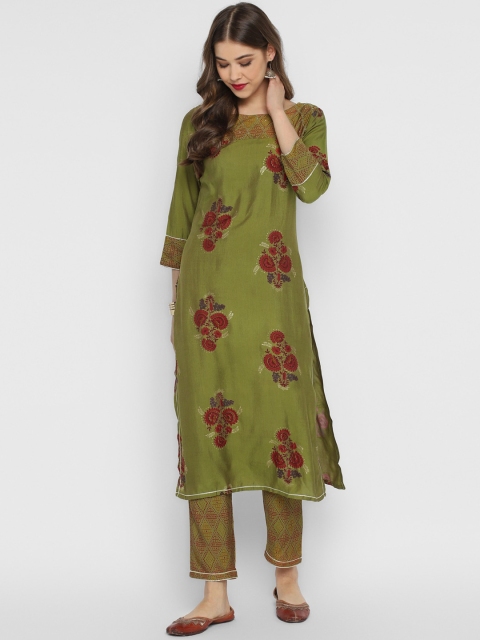 

CHRISTEENA Women Olive Green & Red Printed Kurta with Trousers