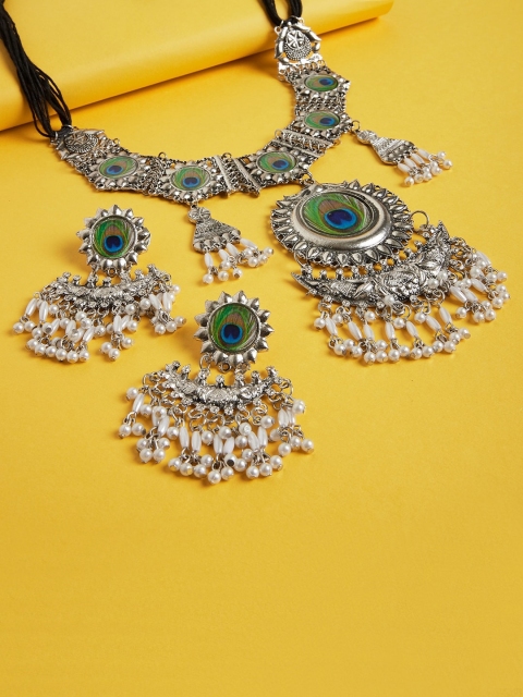

GloBox By ZeroKaata Silver-Plated Green & White Beaded Peacock Tribal Jewellery Set