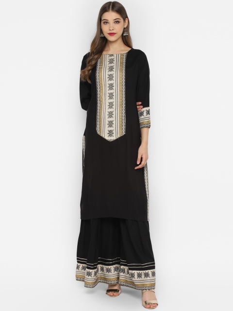 

CHRISTEENA Women Black & Off-White Printed Kurta with Sharara