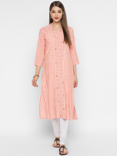 

CHRISTEENA Women Pink & White Striped A-Line Kurta