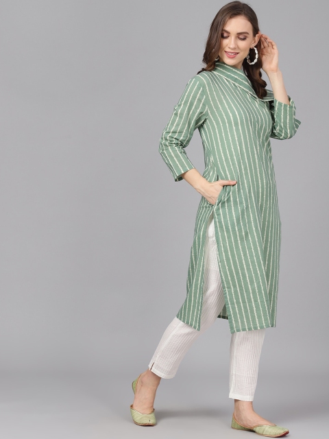 

AKS Women Green & Off-White Striped Straight Kurta