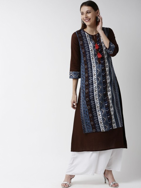 Soch Women Navy Blue & Brown Printed A-Line Layered Kurta