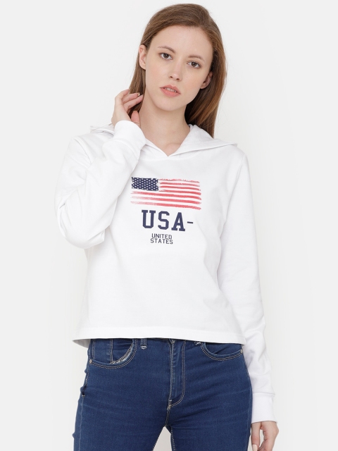

ELEGANCE Women White & Blue Printed Hooded Sweatshirt