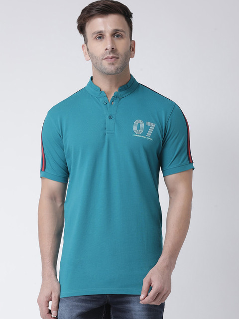 

COBB Men Teal Green Solid Mandarin Collar T-shirt