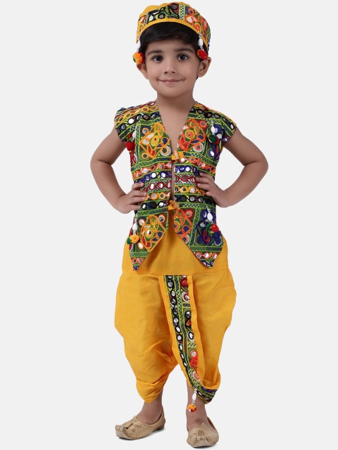 

BownBee Boys Yellow Embellished Coat with Dhoti Pants with Cap