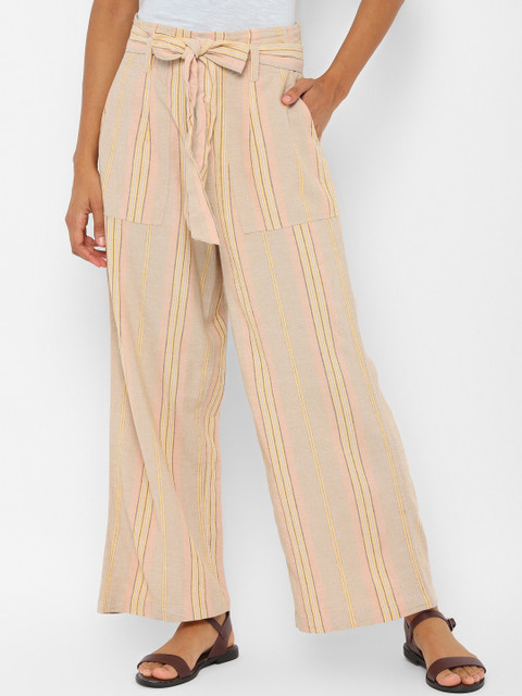 

AMERICAN EAGLE OUTFITTERS Women Beige Regular Fit Striped Parallel Trousers