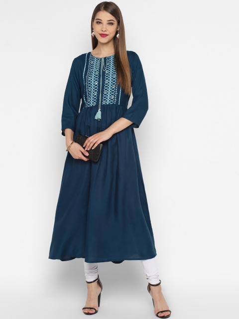 

CHRISTEENA Women Navy Blue Yoke Design Anarkali Kurta