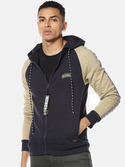 

Campus Sutra Men Navy Blue & Sea Green Colourblocked Hooded Sweatshirt
