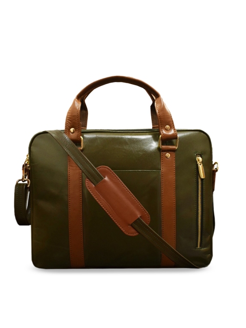 

ABYS Unisex Olive Green & Brown Solid Leather Laptop Bag