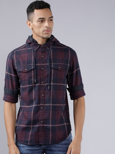 

Ecko Unltd Men Navy Blue & Brown Slim Fit Checked Casual Hooded Shirt