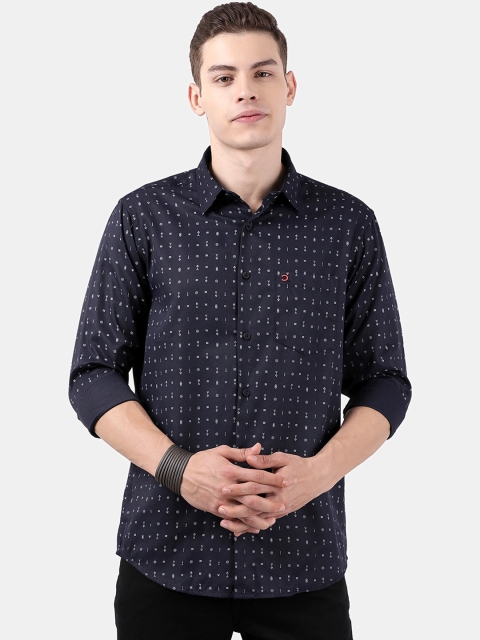 

DERBY JEANS COMMUNITY Men Navy Blue & White Slim Fit Printed Casual Shirt