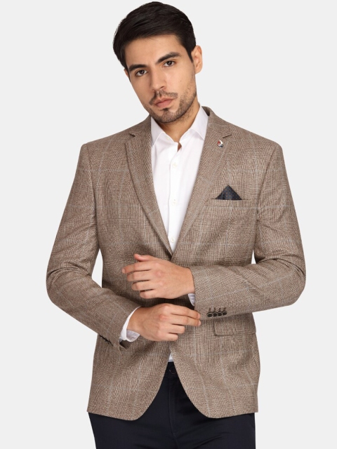 

Theme Men Khaki-Coloured Self-Design Single-Breasted Pure Wool Casual Blazer
