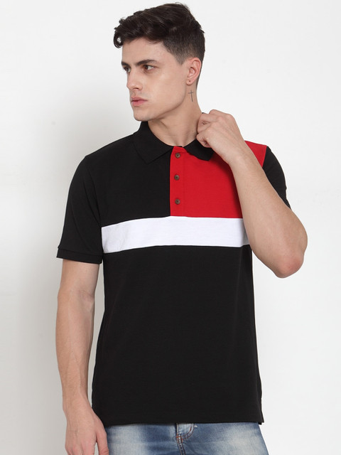 

Kalt Men Black & Red Colourblocked Polo Collar T-shirt
